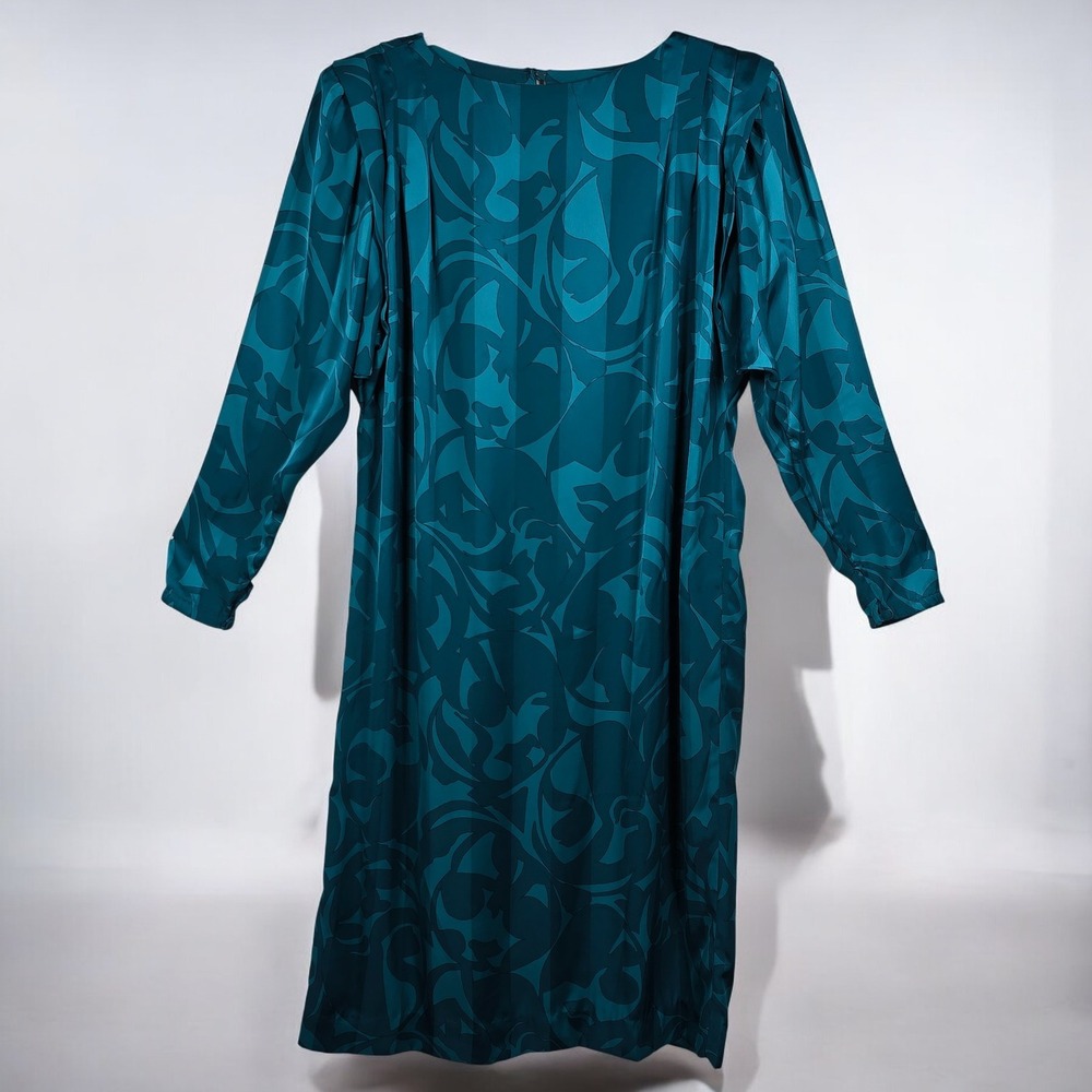 Vintage LA CHEMISE Dress Teal Abstract Print Long Sleeve Midi Women's Size 12‎
